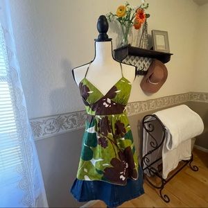 Beautiful Trina Turk green, brown and white tropical print halter